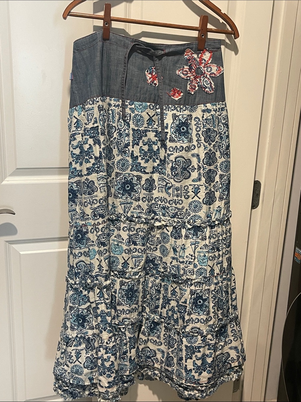 Boho Tile-Print Maxi Skirt with Denim Waistband - Blue